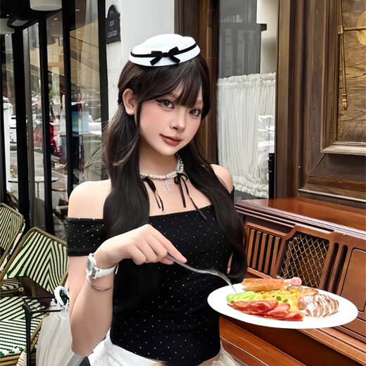 Yunshun Hepburn British Navy Beret Frauen süße süße Kuppelhut Haarzubehör Schwarz -Weiß -Samt -Bogenscheibe Hepburn Navy Toper [mit Kantenclips auf beiden Seiten] Alle Größen