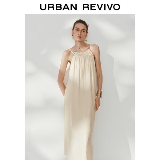 UR2025 autumn new women's clothing casual vacation style double suspender pleated A-line dress UWH750086 beige M