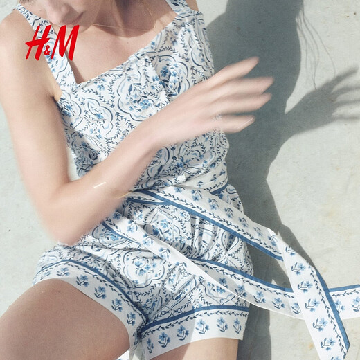 H/M Frauen -Strampler 2025 Sommer Neuer modischer Baumwollpopel -Jumpsuit 1285145 Weiß/Blau -Muster M 160/88