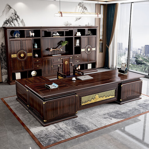 New Chinese style all-solid wood desk combination boss desk ash ebony wood high-end executive desk chairman's office 2.4m desk/ash wood