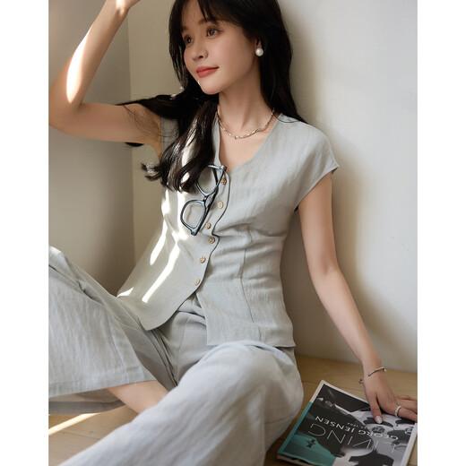 德玛纳【清风自来】夏季呼吸感莱赛尔套装V领开衫直筒休闲裤女式两件套