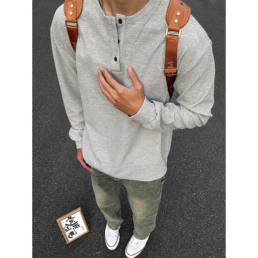 Du Xiaoxian light gray Henry collar long-sleeved T-shirt men's spring and autumn trendy brand casual bottoming shirt American heavy sweater light gray XL recommended 120-140Jin Jin equals 0.5 kg