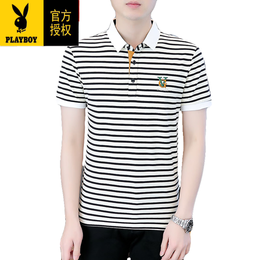 Playboy (PLAYBOY) men's striped short-sleeved T-shirt summer thin pure cotton polo shirt casual fashion half-sleeved lapel T-shirt smooth 6626 Khaki M 90Jin Jin equals about 0.5 kg