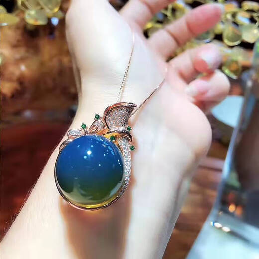 Giventy GEFIODEY Dominican 5A water purified amber pendant necklace sky blue 24K rose gold plated atmospheric gift blue amber necklace with certificate