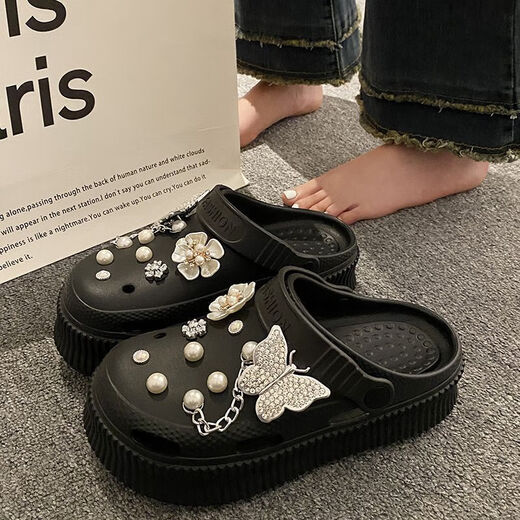 Songmaidou cute butterfly hole shoes for women 2025 summer thick-soled internet celebrity s s-strike feels fashionable Baotou sandals women's shoes milky white 9905 crystal butterfly 35/37 size suitable - wear 36