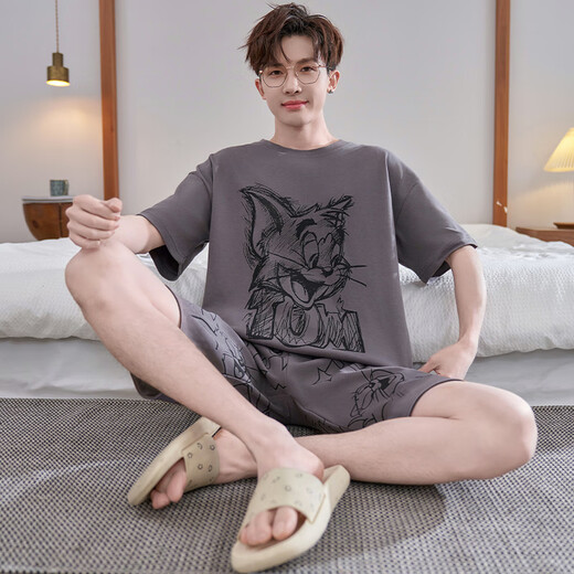 
Yalu pajamas men's summer pure cotton cartoon men's short-sleeved student plus fat plus size fat man can wear home clothing suit YX7029 crayon L men 100-135Jin [Jin equals 0.5 kg]