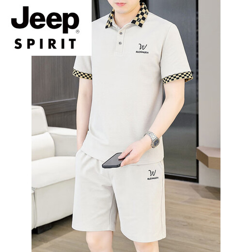 Jeep Spirit Summer Herren-Set Kurzarm Polo-Shirt Trendy ein Set mit lässigen Sommer-Sommer-T-Shirt-Shorts Zwei-Stück-Set TZ9902 Beige [Top + Pants] = [Übereinstimmung mit einem Satz] l [110-125jin [Jin gleich 0,5 kg]]