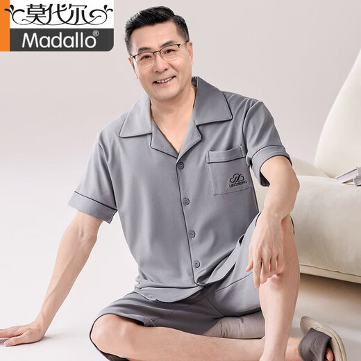 莫代尔2025中老年人男睡衣夏季纯棉短袖短裤薄款爸爸家居服套装全棉老人 LMSJ9207 L (100-120斤)