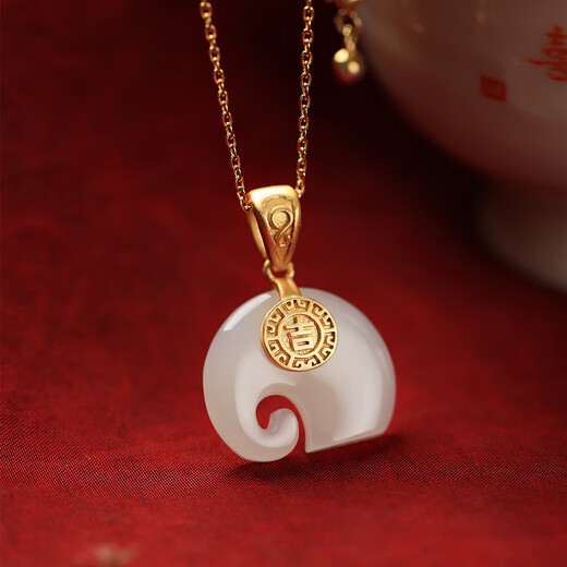 Youshu sterling silver Hetian white elephant pendant for women new Chinese style national style gold inlaid elephant stone clavicle chain necklace for women single pendant