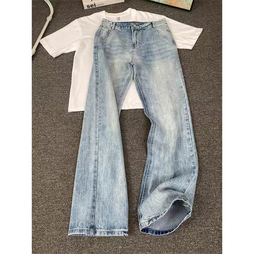 7 excellent products Men's micro-flared jeans autumn and winter plus velvet American high-end machete loose straight long pants for men DF-707 light blue XL