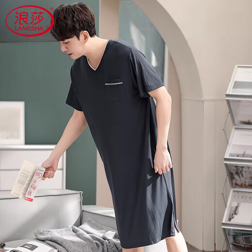 Langsha (Langsha) High-End-Männer-Einteilungs-Pyjama-Eisseice-Nighthemd-Modal Yukata Long Nighthemd Erwachsener Bademantel sexy 844 Black L [Empfohlen 100-140jin [Jin gleich 0,5 kg]]]