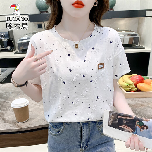 啄木鸟纯棉宽松印花T恤女潮夏装新款百搭体恤上衣 1396白色+321绿色爱心 M 适合100-109斤