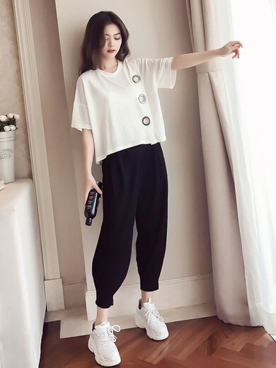 
Vienosqin Shopping Mall same large size women's fat mm harem pants suit 2025 spring and summer new style fashionable slimming and sporty rest Black 9928> M Recommended 80-100>