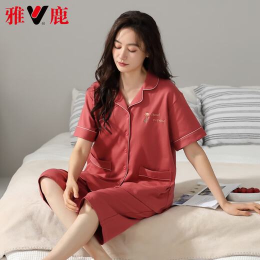 雅鹿高档新款睡衣女夏季薄款纯棉短袖七分裤家居服女士夏天可外穿套装 9896 4XL 【180-200斤】