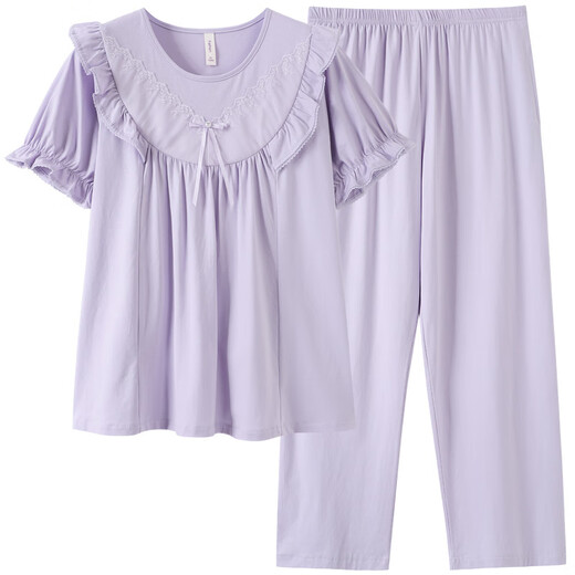 MUJI COM unmarked muji pajamas for women in summer pure cotton short-sleeved trousers can be worn on the outside simple loose large-size home clothing set Z691 taro purple L Recommended 100-120 Jin [Jin equals 0.5 kg]