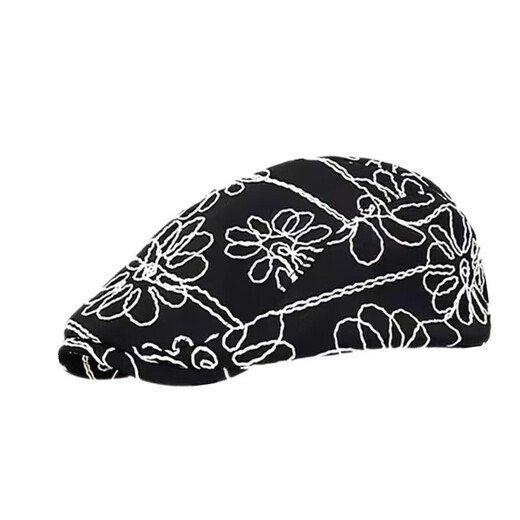 Schwarze Blumensticker vorwärtshut für Frauen im Sommer Japanisch Big Head Beret Retro Gesicht zeigt einen kleinen Malerhut Trend schwarz