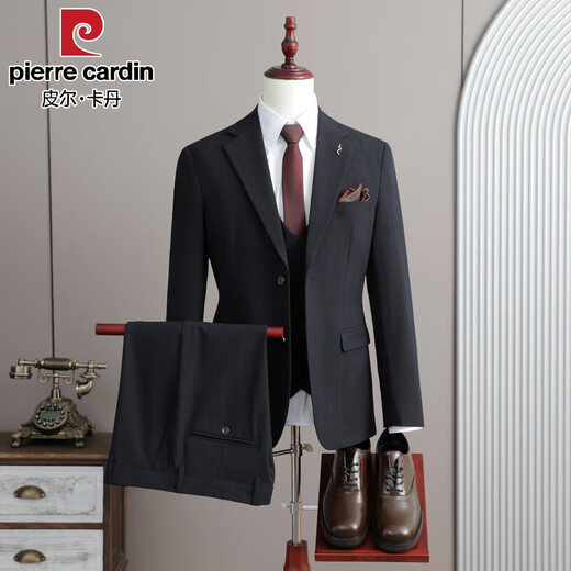 Pierre Cardin high-end striped suit suit men's slim casual groom wedding dress men's two-button large size thick suit dark brown one-piece suit free tie XL (125-135Jin Jin equals 0.5 kg)