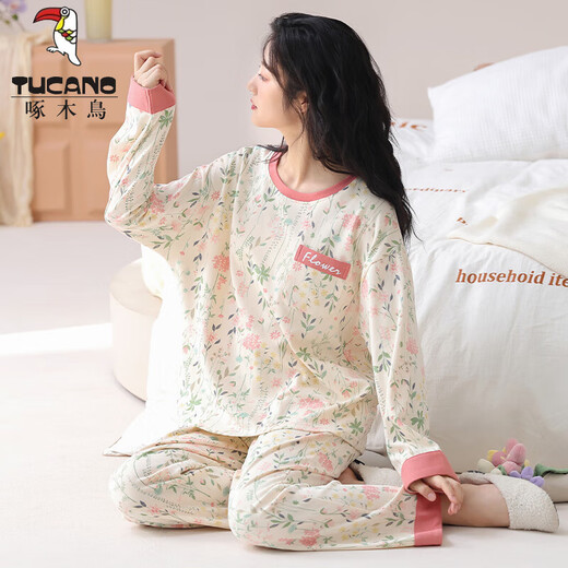 TUCANO;啄木鸟带胸垫一体国风长袖睡衣套装女棉春秋季夏冬款家居服可外穿大码 HRY1047 L (建议95-115斤)