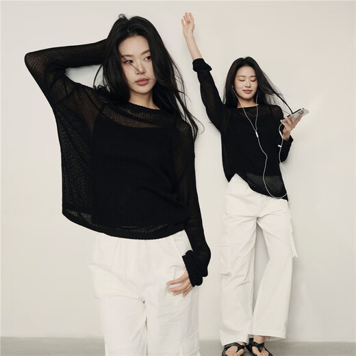 Giordano Blusa coreana del mismo estilo ligeramente transparente para mujer suéter suelto con cuello redondo blanco para mujer 05355318 03 negro S