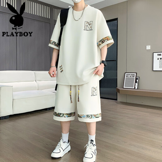 花花公子（PLAYBOY）夏季新款大码休闲运动套装男士短袖短裤两件套潮 【套装】6195：白色 XL (建议130-150斤)