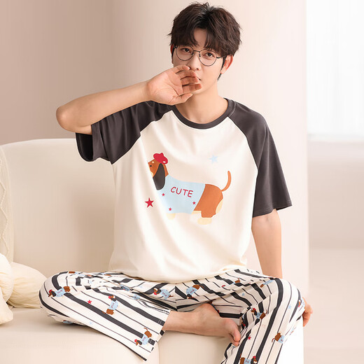 Langsha Pajamas Men Summer Algodón puro Pantalones de manga corta Traje de cuello redondo casual Floja de verano Summer Ropa de verano 833 Hombres l