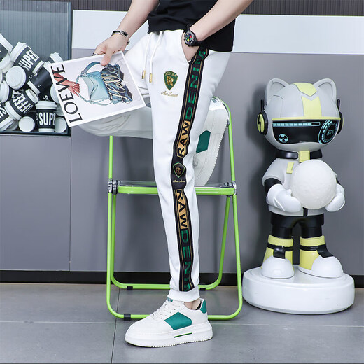 花花公子（PLAYBOY）休闲裤男士2025新款夏季潮流条纹刺绣时尚运动卫裤欧货束脚长裤 白色9926【休闲裤】 30