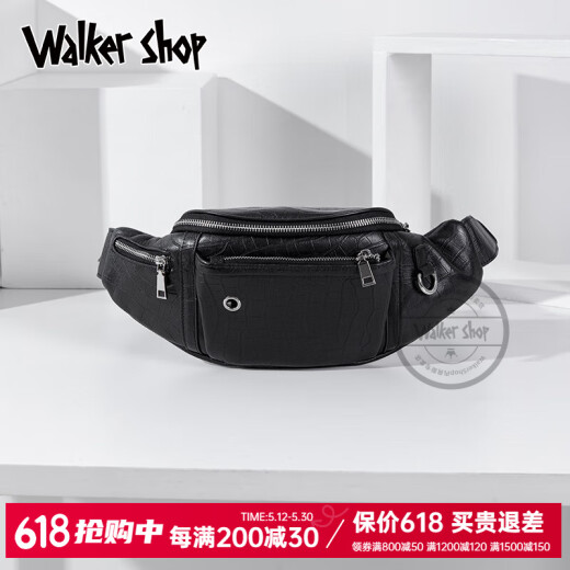Walker Shop男士胸包真皮男腰包2025年新款休闲单肩斜挎包多功能大容量手机包 黑色