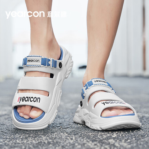 Yierkang Pantoffeln Männer tragen nicht rutschdicke alleinige Outdoor-Gefühl für Sommer im Freien im Freien mit zwei Ländern Strand Sandalen Herren trendige Sportsandalen Weiß und Blau 42