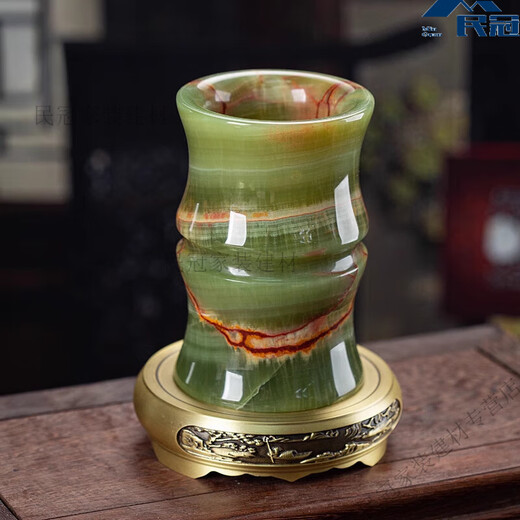 何佳功高端进口天然阿富汗玉石手工原矿笔筒石诚记天然大号毛笔摆件复古装饰礼品中国风创意个性定制 现货-竹节瓶笔筒配黄铜底座C12808