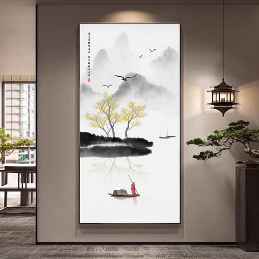 Zilang Zen decorative painting new Chinese style hanging painting entrance vertical mural hotel tea room corridor aisle wall ink landscape painting 03-autumn 70*140 wood grain yellow frame (PS frame + canvas)