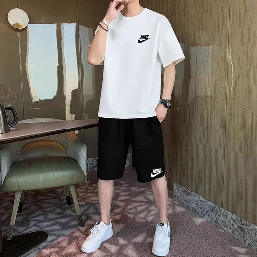 NBA KIDS-NIKE百搭潮酷夏季短袖短裤套装男帅气纯棉透气百搭宽松T恤男 耐克黑T  绿白小标+黑裤口 耐克儿童12034-45斤