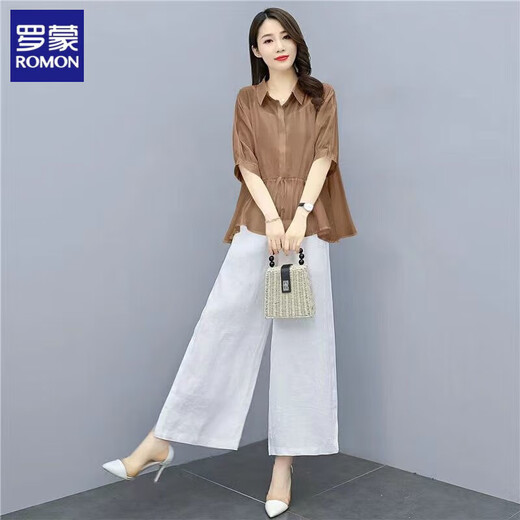 ROMON Cotton Line Suit Women's 2025 Summer New Loose Casual Fashion Large-Size Wide Leg Pants Line Dropping Two-Piece Set Light Bean Green Top + Rice Apricot Pants L (110-125)