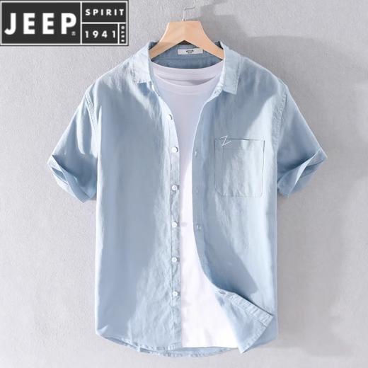 JEEP SPIRIT亚麻短袖衬衫男士夏季2025新款休闲棉麻大码白色薄款衬衣男款 9711蓝色 M 【100-110斤】