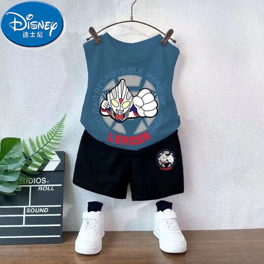 迪士尼（Disney）男童夏装儿童套装夏季纯棉男宝宝短裤背心休闲运动套装洋气两件套 靛蓝背心T983+黑短裤T273 110 cm 建议身高100-110CM
