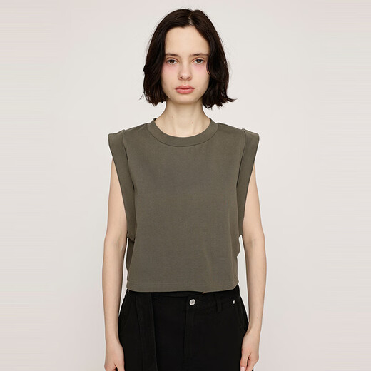 moussy&sly2025夏季简约纯色坎肩圆领无袖休闲针织背心030ISR80-3271 军绿色150 S