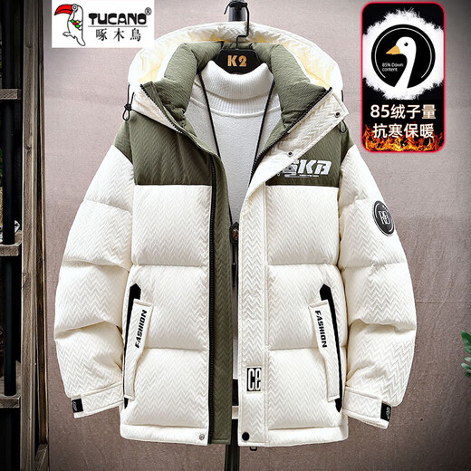 Woodpecker (TUCANO) down jacket men's winter new short hooded workwear down white duck down thickened warm and cold-proof jacket trend 1677-beige XL 125-145Jin Jin is equal to 0.5 kg
