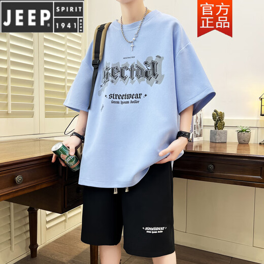 Jeep Spirit Teen Sportanzug Fat Boy 12-15 Jahre alte Schüler der Junior High School Kurzärärmelte T-Shirt 13 Trendy hübscher großer Sommeranzug TZ6630 Schwarz [kurze Ärmel + Shorts] l [105-120jin [Jin gleich 0,5 kg]]