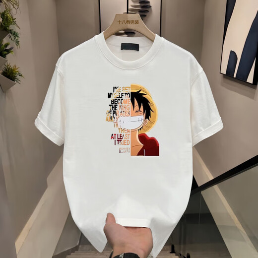 Jeep Spirit Japaner ein Stück Strohhut Luffy Cartoon periphere kurzärmelige Männer Sommer Teenager Student Runde Hals T-Shirt Top Trend .v1048 Black M.