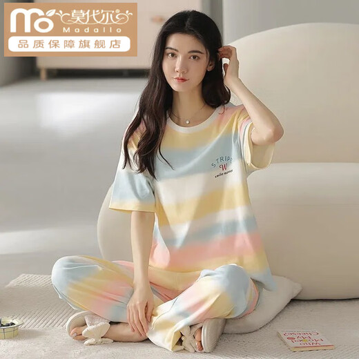 
Modal cotton pajamas for women short-sleeved trousers for summer Korean women's round neck suit thin cotton exterior wear home clothes RN9712# short-sleeved trousers Cotton M (80-100Jin [Jin equals 0.5 kg])