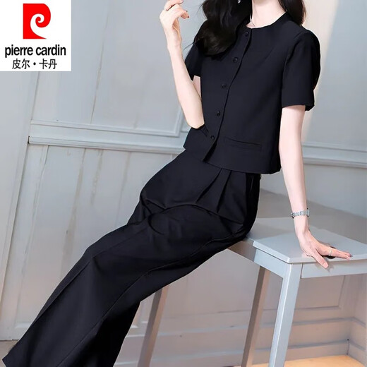 皮尔卡丹（pierre cardin）时尚套装女夏季2025新款洋气显瘦御姐圆领短袖衬衫直筒裤两件套女 12608-绿色套装 2XL 【建议125-140斤】
