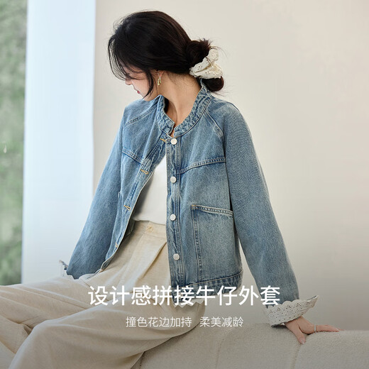 
Shangdubila [Split Contrast Color Lace] Light retro simple commuter stand collar rattle sleeves loose slim cotton denim jacket Denim blue L 110-120Jin [Jin equals 0.5 kg] Recommended choice