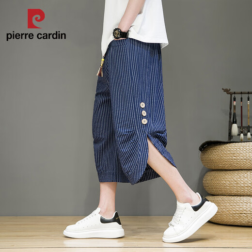 皮尔卡丹（pierre cardin）中国风七分裤男夏季薄款条纹休闲短裤宽松潮牌大码7分阔腿哈伦裤 黑色 M 【90-115斤】