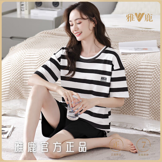 Yalu 2025 Nouveau pyjamas pour femmes pour les vêtements à domicile à manches courts à manches courtes à manches courtes YZ9848 Black Striped M Women's Style Recommandé 80-100jin [Jin est égal à 0,5 kg]