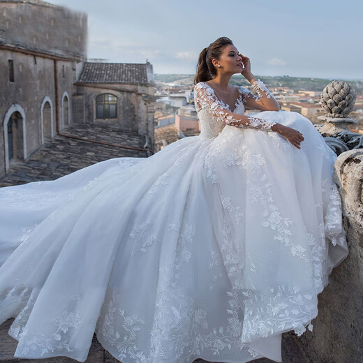 Braut Hochzeitskleid V-Ausschnitt 2025 Neue Rippen Großer Schwänze Hochzeitskleid Retro Sexy Tulle Langarm Hochzeitskleid Weiß Full Style S S