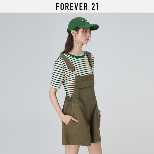 FOREVER21 Overalls Women's 2025 Summer New Simple Loose One-piece Casual Shorts Women Green L