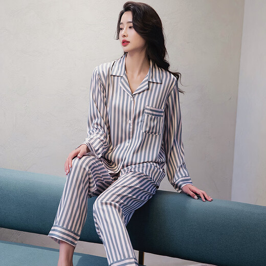 Amerpin100% Mulberry Seide 2025 Neue Pyjamas für Frauen im Frühjahr und Herbst, langärmeliges gestreifte Strickjacken-Lapel-Mode-Home-Kleidung XE Doppelte Länge 6625# Green Stripes (Geschenkboxverpackung) M.