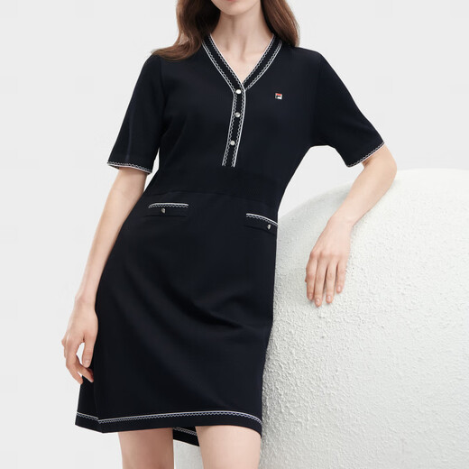 斐乐（FILA）SS24MODERNHERITAGE系列日常百搭时尚休闲V领短袖连衣裙女款 传奇蓝 S