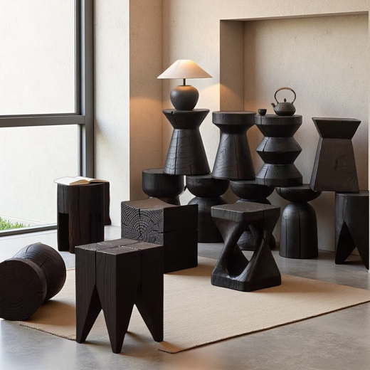 El mágico estilo wasaki muelle de madera sólida bancos de troncos carbonizados B&B Sala de estar Sofá Sofá Varios adornos Tallado de raíz J Style 3884