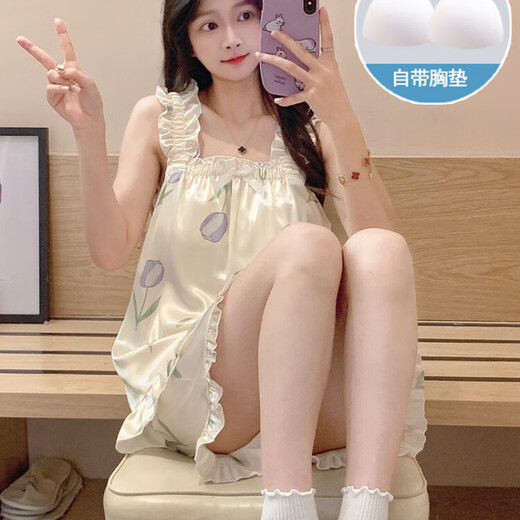 
LangSha nightgown for women in summer, with breast pads, ice silk cool suspender pajamas, summer, women's sweet and cute home clothes, spring and autumn 3887 [Not removable chest pad] M [75-100Jin [Jin equals 0.5 kg]]
