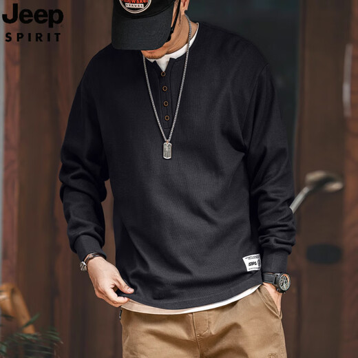JEEP SPIRIT Jeep American Henry collar polo shirt for men in autumn pure cotton casual bottoming shirt sweatshirt for men loose long-sleeved T-shirt black L recommended 105-120Jin Jin equals 0.5 kg